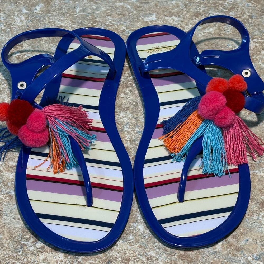 Kate Spade Yellowstone Jelly Pom Pom Tassel Colorful Bright Fun Flats Sandals 10 - Picture 3 of 12